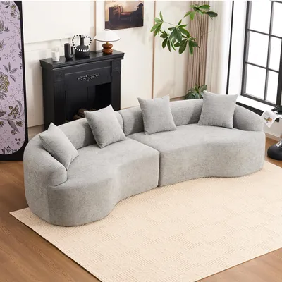 Image de Canapé modulable aux lignes courbes - 4 places, gris - Revêtement en chenille - Configuration modulable - Aucun montage requis