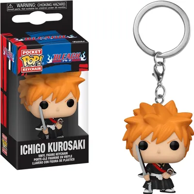 A product shot of a Funko Pocket POP! keychain of Ichigo Kurosaki from Bleach, shown both in its packaging and as a standalone keychain.
