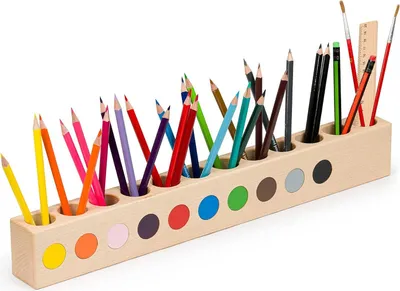 Produktbild von Obubu Montessori Schreibtisch Organizer Kinder - Stiftehalter Holz - Stifte Organizer - Stiftebox Holz - Set mit 10 Buntstiften