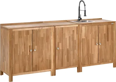Produktbild von BELIANI Outdoor-Küchenschrank Braun u. Schwarz Akazienholz 3er Set mit Spüle und Armatur Modern für Garten Draußen Outdoor-Küchenmöbel Gartenküche