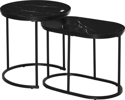 Obrázek produktu pro Sada 2 kulatých a oválných konferenčních stolků, stohovatelných do 30 kg, z MDF a černé oceli, Ø50 x 50 x 5 cm, do obývacího pokoje