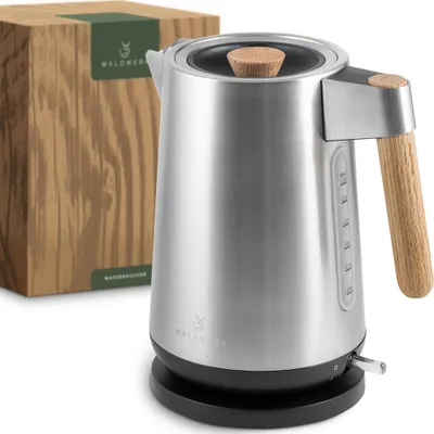 Produktbild von WALDWERK Design Wasserkocher - 3000 Watt - 1,7L - Wasserkocher Edelstahl - Wasserkocher mit echten Eichenholz Griffen und rostfreiem 304 Edelstahl
