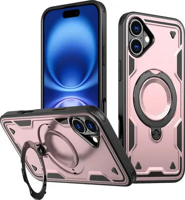 Produktbild von Dual Layer Hülle für iPhone 16 Metall Ring Ständer Magnetisch Stoßfest Militär Handyhülle Roségold