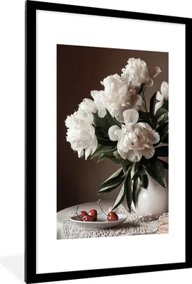 Produktbild von MuchoWow® Gerahmtes Poster Kirschen - Stillleben - Blumen 60x90 cm - Poster mit Schwarzem Bilderrahmen Wandposter Rahmen Foto Bilder - Dekoration - Wandposter Wohnzimmer - Hochwertig