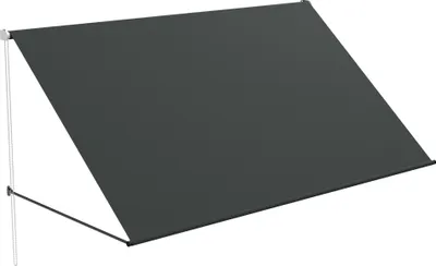 A dark gray retractable awning is mounted on a white pole against a white background.