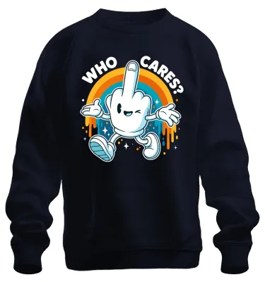 Obrázek produktu pro Tričko s potiskem "Who Cares", "Stinkefinger", "Mittelfinger", s nápisem "Statement" a sarkastickým motivem, modrá barva, velikost L. (nebo: Pulover s potiskem...)