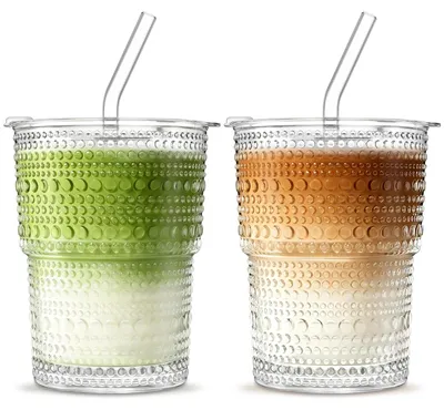 Hobnail-Glasbecher 2er-Pack, 380 ml, mit Deckel & Strohhalm