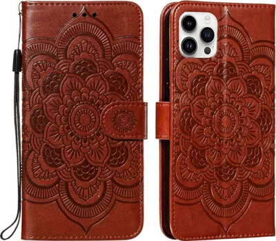 A brown leather phone case with a mandala design, shown open and closed.