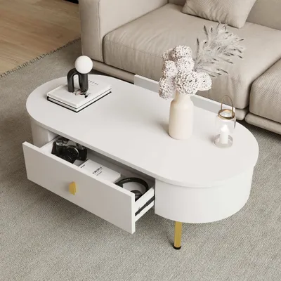 Produktbild von Abrihome Couchtisch Wohnzimmertisch mit 2 Schubladen, Goldenen Griffen und Beinen, 108 x 50 x 40 cm - Weiß