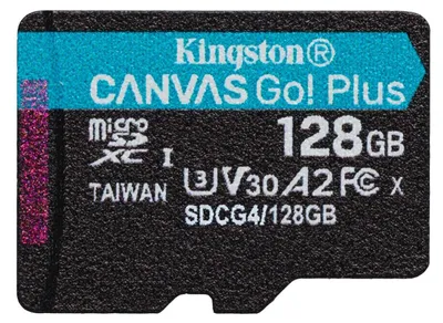 Zdjęcie produktu dla Kingston Technology Karta 128GB microSDXC Canvas Go Plus Gen4 200MB/s A2 U3 V30 + adapter, 128 GB, MicroSD, Klasa 10, UHS-I, 200 MB/s, 100 MB/s