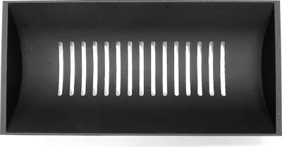 A top-down view of a black metal grate with multiple vertical slots.