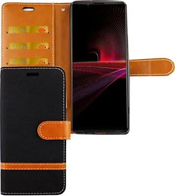 A flip-style phone case with card slots, shown open with a smartphone inside.
