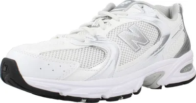A single white and silver New Balance sneaker is shown from the side against a white background.