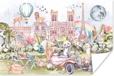 Produktbild von MuchoWow® Poster Paris - Regenbogen - Kinder - Rosa - Mädchen - Tiere 120x80 cm - Bilder