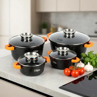 Produktbild von Vilde | Topfset - 8 teilig - Antihaftbeschichtet - Induktion - Kochtöpfe mit Deckel - 1,2 / 2,1 / 4 / 5,8 L