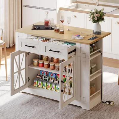 Immagine prodotto di Merax Mobile: isola da cucina da 120 cm con ante in vetro e ripiani aperti, carrello da cucina con tavolo da pranzo ribaltabile, carrello di servizio con prese elettriche e USB, rotelle, bianco