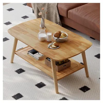 Produktbild von Couchtisch aus Holz mit 2 Ablagen, ovaler Wohnzimmertisch aus Massivholz, Holztisch mit Stauraum für das Wohnzimmer, Sofatisch in 100x60x45 cm, naturgeölt