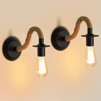 Produktbild von Comely 2 Stück Wandleuchte Retro, Wandlampe aus Hanfseil Schwarz E27, Industrial Wandleuchte Innen für Schlafzimmer, Wohnzimmer, Treppen, Flur (ohne Leuchtmittel)