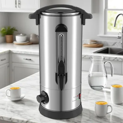 Produktbild von Ikodm Glühweinkocher 10 L, 1500 W, Silber, mit Thermostat, Zapfhahn, verriegelbarem Deckel und 10 Papierbechern