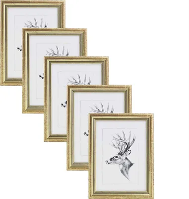 A set of five gold picture frames arranged diagonally on a white background.