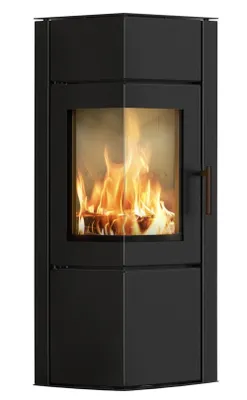 A black corner wood-burning stove with a glass door showing flames.