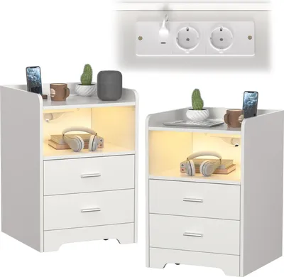 Produktbild von Faziango Nachttisch Sofatisch mit LED-Beleuchtung, Nachtschrank mit Ladestation Weiß 1pcs (1-St), 2 Schubladen für Schlafzimmer, Wohnzimmer Weiß