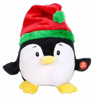 Produktbild von Pinguin mit Weihnachtsmütze, lustige Plüschfigur, tanzt und ruft Weihnachtswünsche auf Sensor-Knopfdruck, Batteriebetrieb mit An-/Aus-Schalter