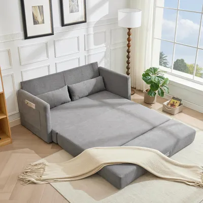Image de okwish Canapé convertible canapé 2 places modulaire fonction 2 en 1 canapé au sol canapé-lit avec coussin lombaire et 2 poches de rangement tissu côtelé gris