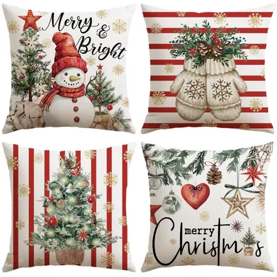 Produktbild von Weihnachten Kissenbezüge 4er Set Schneemann Rot 40x40 cm Polyester-Leinen