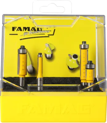 Produktbild von FAMAG 4-teiliges Bündigfräser Set HM-bestückt | 6x19x64mm + 12,7x12,7x60mm + 12,7x25,4x70mm + 12,7x38x80mm | für Vollhölzer, Holz Plattenwerkstoffe