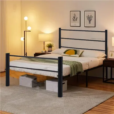 Produktbild von H.J WeDoo Doppelbettgestell Bettrahmen Bettgestell aus Metall für 140 x 190 cm Matratze Bettgestell mit Lattenrost Gästebett für kleine Räume Schwarz