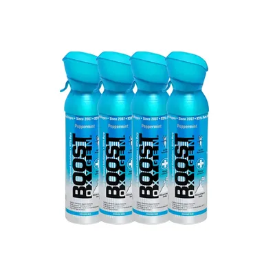 Obrázok produktu pre Boost Oxygen Čistý kyslík v plechovke - 20 litrov Mäta pieporná, 95 % čistého kyslíka v štyroch prenosných 5-litrových plechovkách