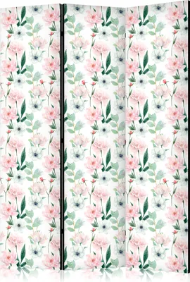 Produktbild von 3-teiliger Einseitiger Vlies Paravent - Peonies - Pink and White Flowers and Green Leaves on a White Background 135x172 cm Blumen b-B-10450-z-a