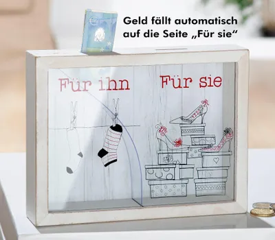 Produktbild von Spardose MDF Sparschwein Spardose „Für ihn+Für sie" mit Sichtfenster