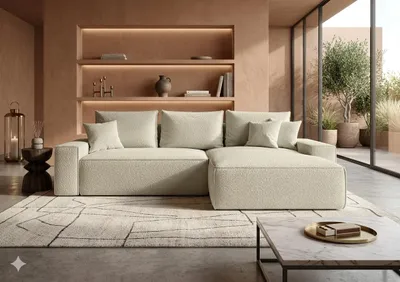 Produktbild von CORNERO Ecksofa mit Schlaffunktion CALIFORNIA in L-Form mit Bettkasten Sofa mit Schlaffunktion Couch mit Stauraum Beige Ottomane rechts