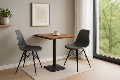 Produktbild von Bistrotisch Iris, Akazienholz massiv + nussbaumfarben, echte Baumkante, Baumkantentisch mit Stempelfuß aus Eisen schwarz, Säulentisch/Esstisch 60x60 cm