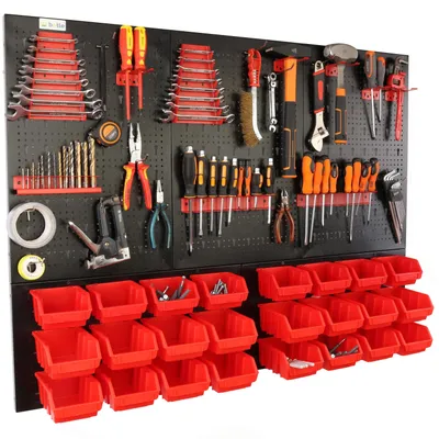 Image de Tableau d'outils - Panneau de rangement - 120 x 90 cm - Métal - 24 compartiments - Pliable - Crochets rouges