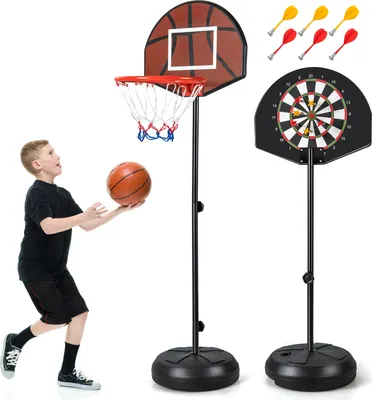 Produktbild von COSTWAY Kinder-Basketballkorb mit Dartboard, 2-in-1 Basketball-Tor-System für Kleinkinder mit doppelseitigem Rückbrett & 6 Darts, befüllbarem Standfuß