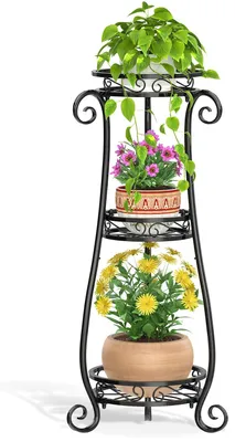 Produktbild von Dreistöckiger, hoher Pflanzenständer aus Metall für drinnen und draußen, 89 cm hoher Blumentopfständer aus Edelstahl, mehrere stabile, runde Pflanzenregale für die Terrasse, schwarz