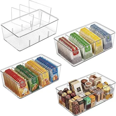 Produktbild von PolkaHome® Koelkastorganizer Set von 4 Aufbewahrungsboxen mit 4 Fächern, Transparent, BPA-frei, Stapelbar, für Dosen, Snacks, Gewürze