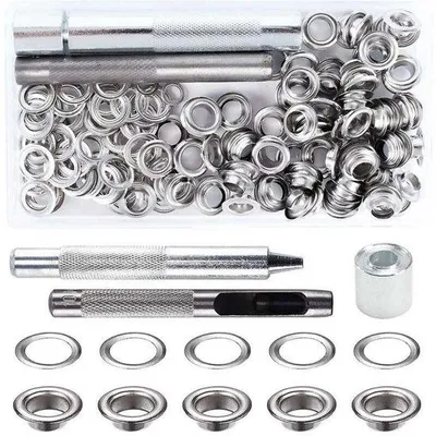 Zdjęcie produktu dla Zestaw zawierający 100 metalowych oczek – 8 mm – wraz z 3-częściowym zestawem narzędzi – do skóry, obuwia, płótna żaglowego, tkanin, papieru, parasoli itp.