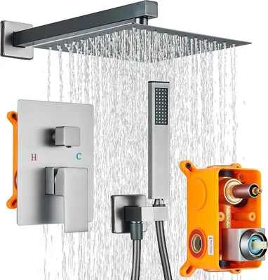 A shower fixture set with a rain shower head, handheld shower, and control valve, along with the in-wall mounting box.