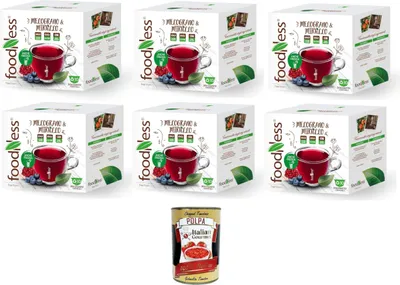 Produktbild von FoodNess - Heidelbeer- und Granatapfel-Kräutertee-Kapsel Dolce Gusto-kompatibles glutenfreies Getränk mit saurem und säuerlichem Geschmack 6 box mit 10 kapseln + Italian Gourmet polpa 400g