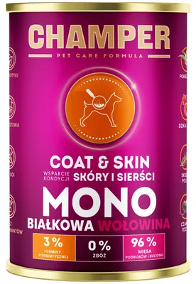 Immagine prodotto di Cibo umido per cani, monoproteico, Champer Skin and Coat, manzo 6x400 g