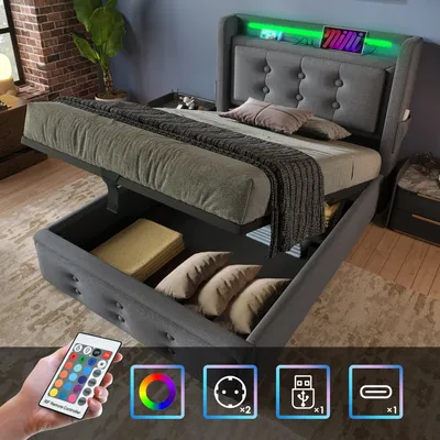 A modern upholstered bed with storage and LED lighting, shown with its storage compartment open.