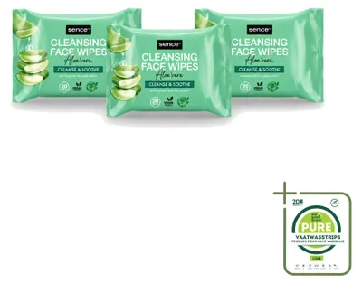 Productafbeelding van 3 x Sence Aloe Vera gezichtsreinigingsdoekjes - 20 stuks per pak - grootverpakking - 3 stuks