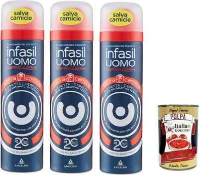 Produktbild von Infasil Deodorant Spray für Herren Derma 48h Hemdschutz mit Molekül 2C, für Männerkleidung, Deo 3x 150 ml + Italian Gourmet polpa 400g