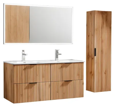 Immagine prodotto di Set da bagno NOXERA 120 cm – Rovere Wotan – Doppio lavabo, colonna sospesa e specchio LED
