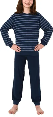 Produktbild von Mädchen Frottee Pyjama langarm Schlafanzug mit Bündchen in Streifenoptik - 212 401 13 801 ; navy , 122