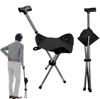 Image de Béquille pliable avec siège, réglable en hauteur sur 5 positions, légère, à 3 pieds, pour personnes âgées